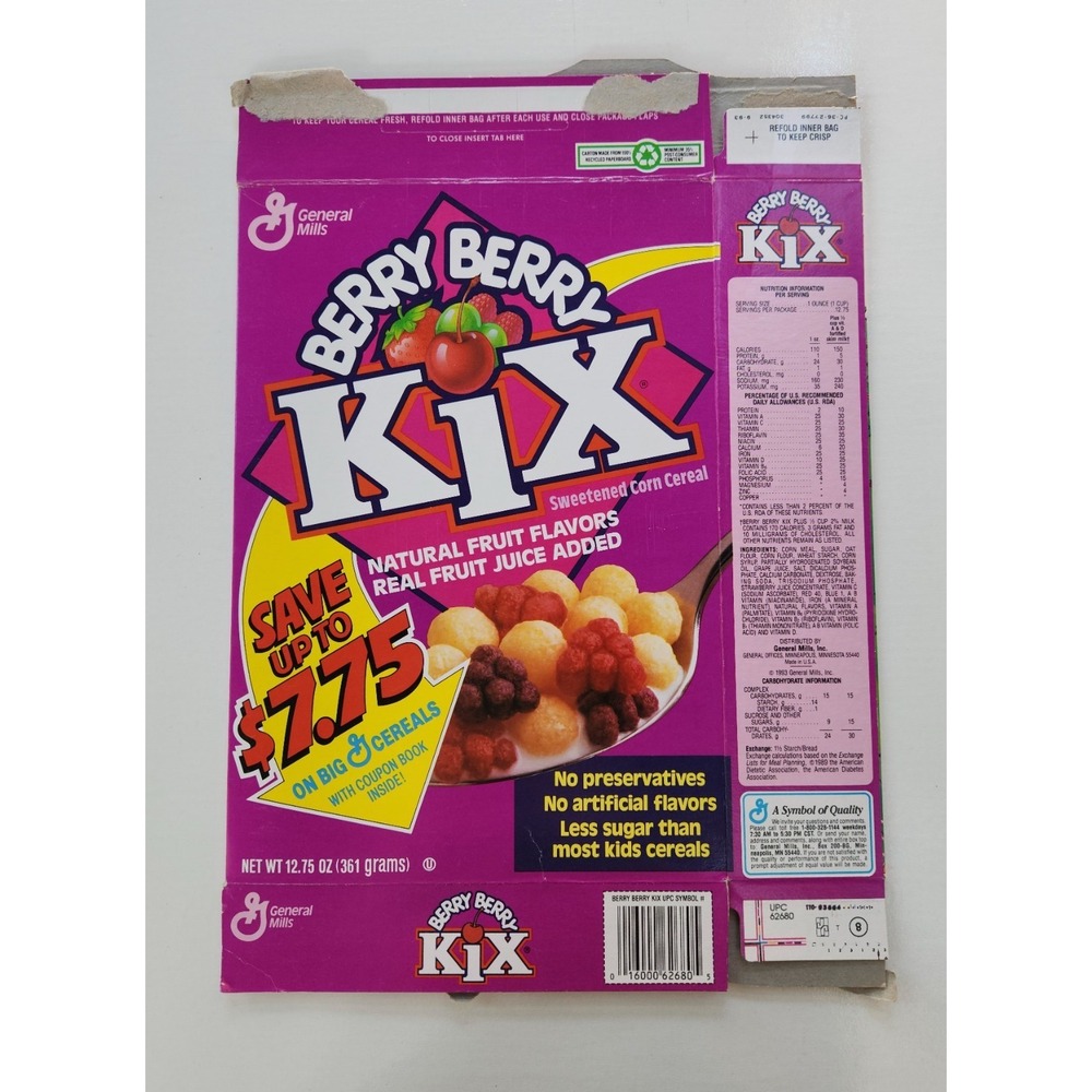 1993 GENERAL MILLS KIX BERRY BERRY Flat CEREAL BOX